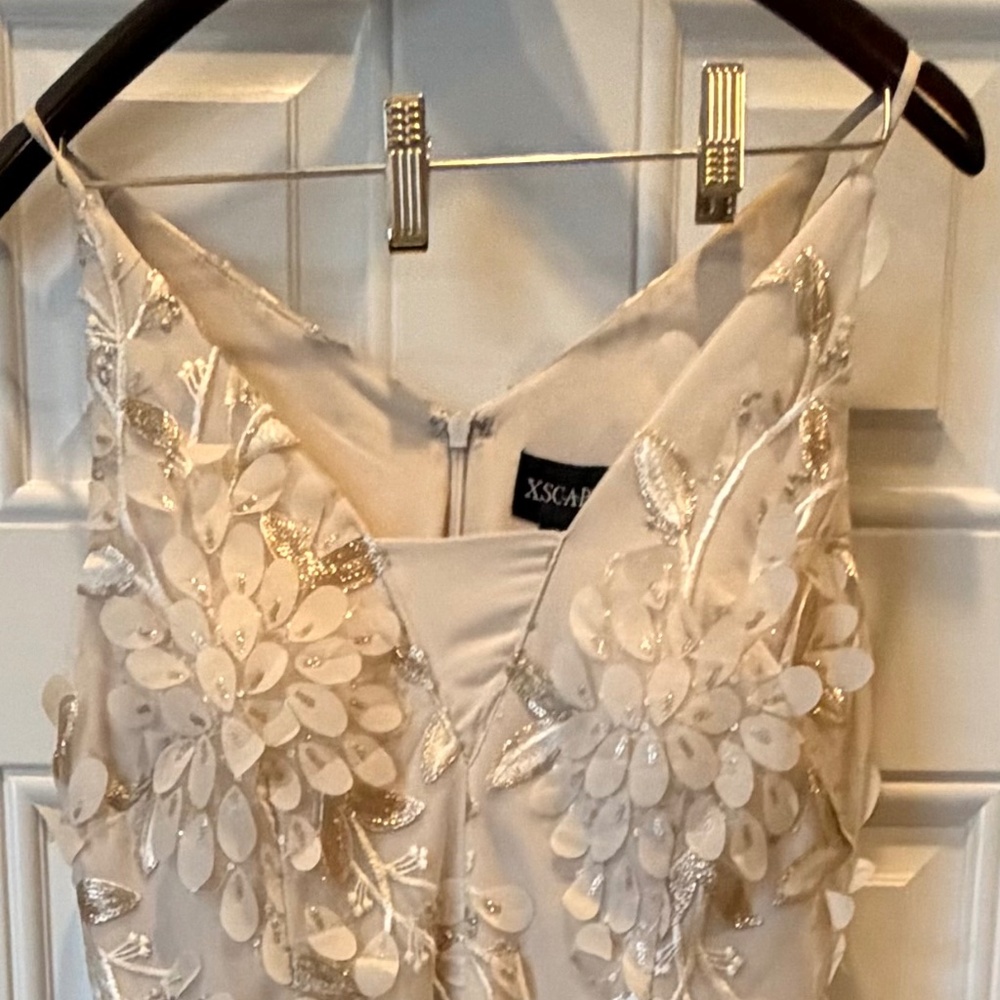 Xscape Champagne Gold 3D Floral Embroidered Evening Gown Size 12